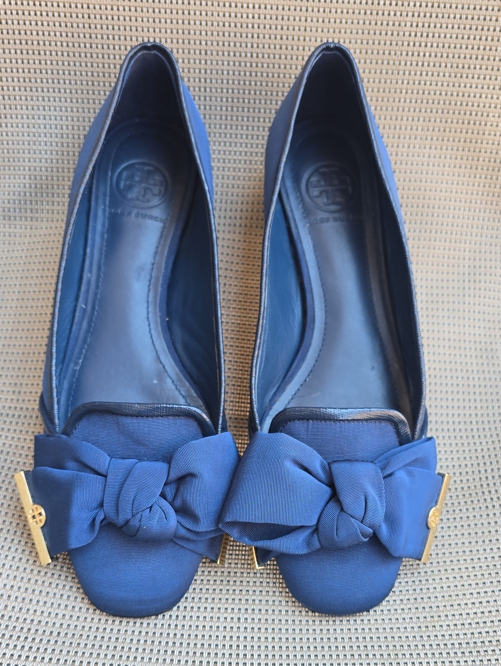Tory Burch Dark Blue Bow Ballet Flats with Gold Hardware